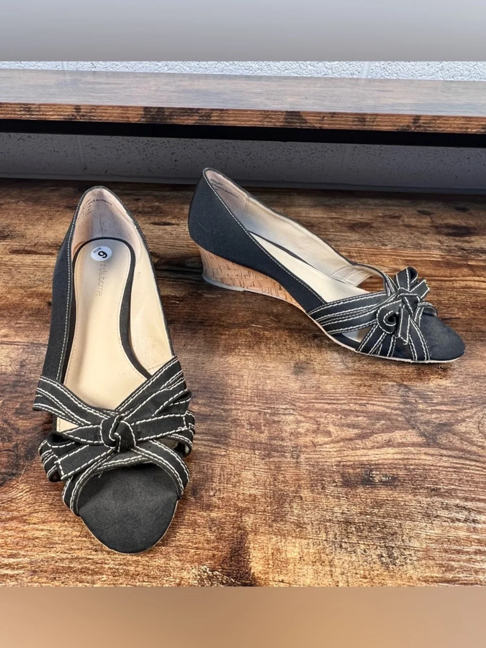 Liz Claiborne Melody‎ Cork Wedge Heel Open Bow Toe Sandals Black Women's 9.5